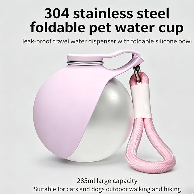 Portable Dog Water Bottle, 304 Stainless Steel Foldable Pet Water Cup, Leak-Proof Travel Water Dispenser with Foldable Silicone Bowl, 285ml Large Capacity for Dogs Cats Outdoor Walking Hiking - Image 5
