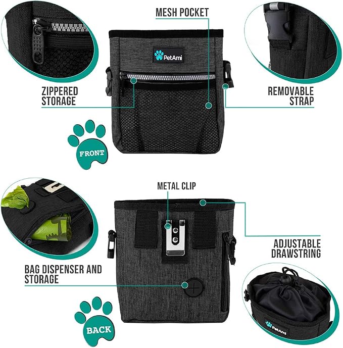 PetAmi Dog Treat Pouch, Pet Treat Pouch for Training, Dog Walking Bag Holder for Kibbles, Pet Food Toy, Dog Trainer Essentials Supplies, Poop Bag Dispenser, 3 Ways to Wear (Charcoal) - Image 3
