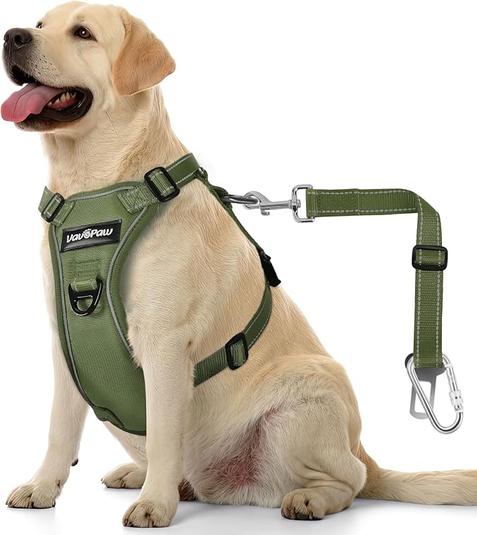 VavoPaw Dog Seat Belt Vest Harness for Car, 2 in 1 Seatbelt Buckle | Breathable Mesh, Adjustable Buckle, Reflective Straps, Heavy Duty Pet Safety Seat Belts for Small Medium Large,Army Green, XL by VavoPaw
