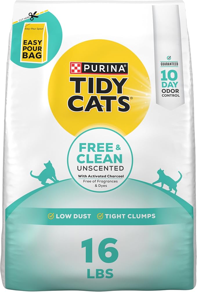 Purina Tidy Cats Free and Clean Unscented Clumping Cat Litter, 16 lb Bag | Activated charcoal formula delivers powerful odor absorption in an easy-pour design by PurinaTidyCatsLitter