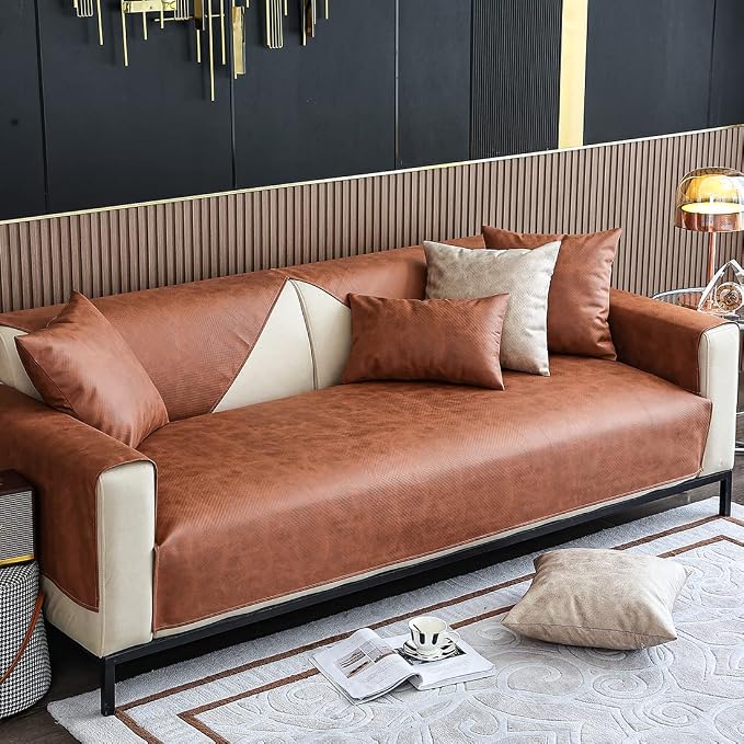 vctops Vintage Leather Look Sofa Cover Water Resistant Non-Slip Sectional Couch Cover Sofa Slipcover for Dogs, Children, Pets Furniture Protector (Coffee,28"x28") - Image 3