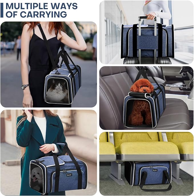 Pet Carrier, Large Soft Sided Expandable Travel Carrier with Steel Frame, Anti-Scratch Mesh, Removable Fleece Pad and Pockets for Cats, Dogs and Small Animals up to 15 lbs (Blue, 4 Sides Expandable) - Image 2