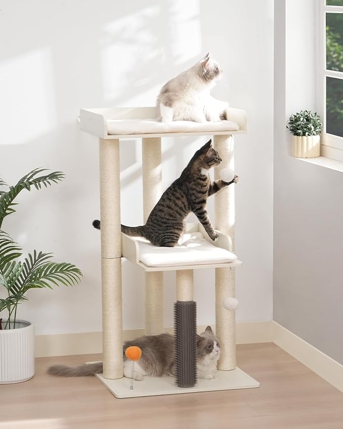 43.7" Cat Tree, Modern Cat Tree Tower, Cat Tower for Indoor Cats Large Adult, Cat Condo with Scratching Post, Large Perch and Removable Pads, White - Image 3