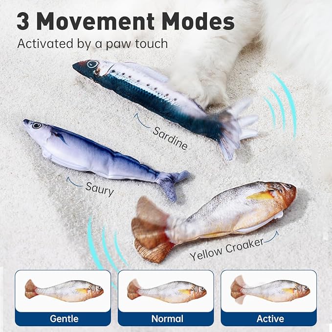 Petgravity Bite-Sized Realistic Flopping Fish Cat Toys, 3 Pack, Interactive Cat Toys for All Breeds, Tap-Activated 3 Flapping Mode, Sardine/Saury/Yellow Croaker, 7.1 Inches, with Catnip, Rechargeable - Image 2