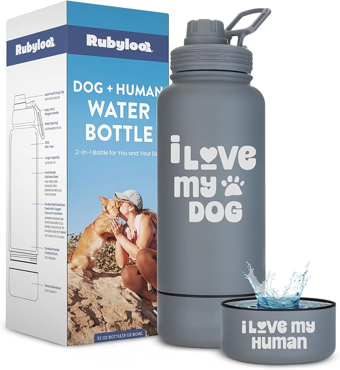 Rubyloo Dog Water Bottle with Detachable Bowl for Dog Lovers, I Love My Dog | 32oz Insulated Stainless Steel Bottle, 8oz Detachable Bowl, Leak-Proof Lid, BPA-Free, Hiking, Walking, Travel, Gift by Rubyloo