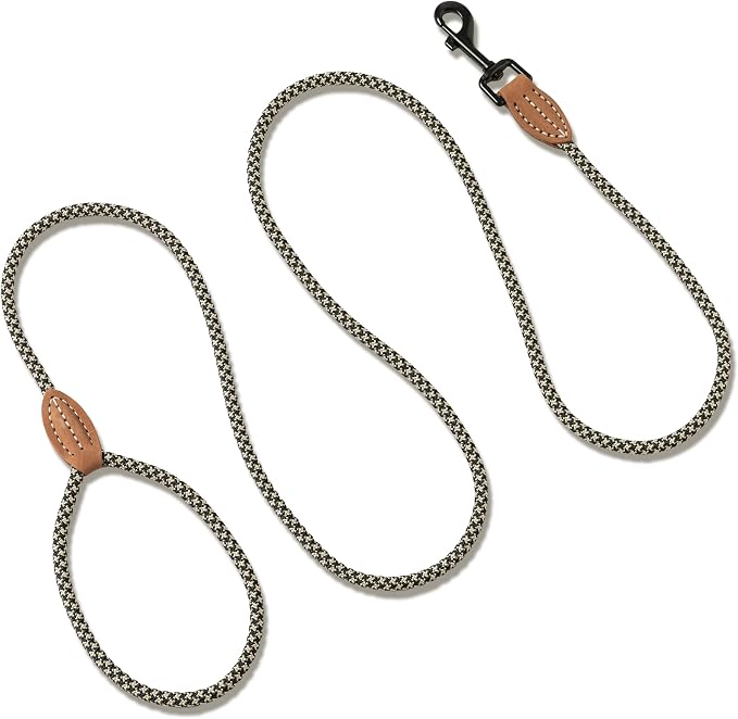 Mile High Life Dog Leash with Genuine Leather-Wrapped Ends, 4/5/6FT | Tangle-Free 360° Swivel Clasp Heavy Duty Rope Leash | Small Medium Large Dogs | Daily Walking (Black Khaki, 72 Inch, 1/3") - Image 5