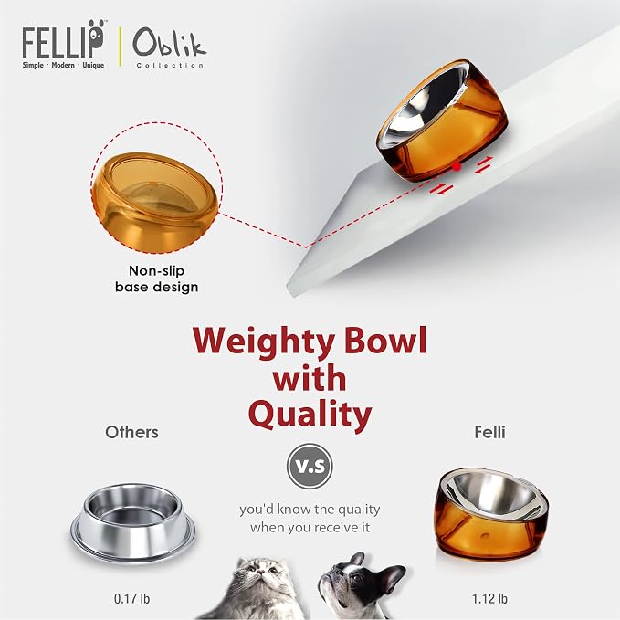 Felli Pet Oblik Whisker Fatigue Cat Food Bowl Raised Stainless Steel Shallow Dish, Pet Design Anti Vomit Tilted Metal Plate Feeder Elevated Acrylic Base for Treats Storage(Gold, 0.5 Cups Shallow Dish) - Image 7