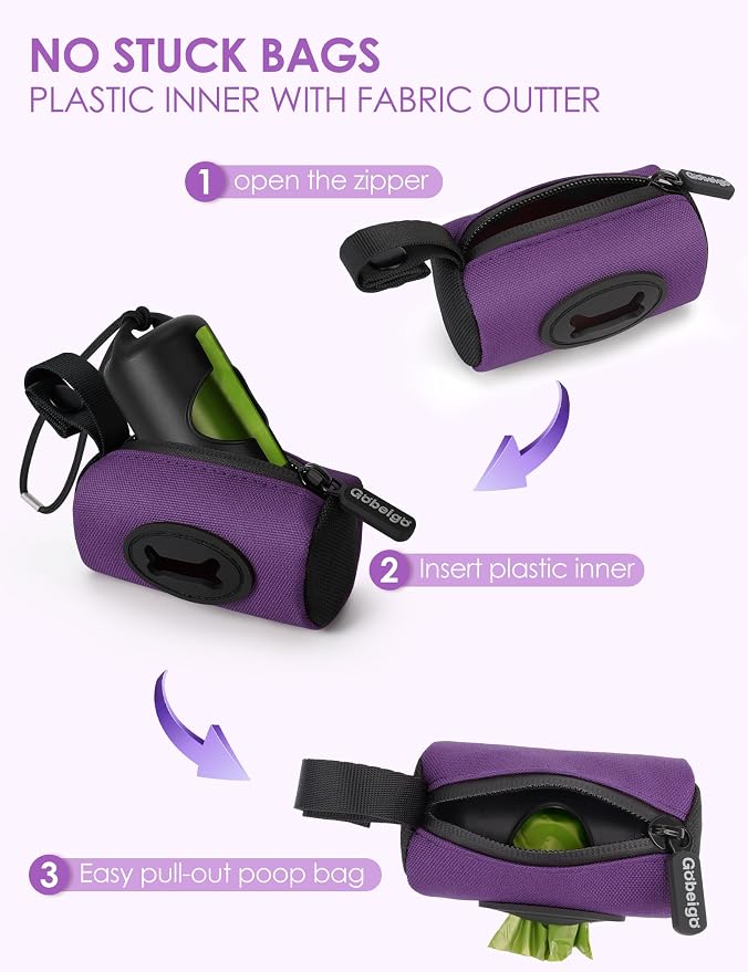 Gobeigo 2-in-1 Dog Poop Bag Holder【Easy Pull-Out Version】(Purple) | Hard Plastic Insert & Soft Fabric Bag Snap-On Strap Dispenser Fits Retractable and Standard Leashes with 1 Roll Bags - Image 2