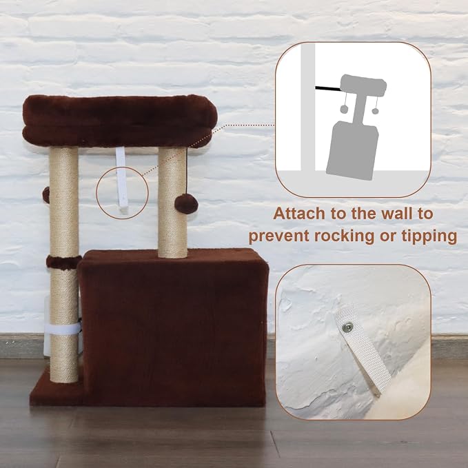 PEEKAB Small Cat Tree Tower,Scratching Post with Condo and Perch for Indoor Cats and Kittens,with Dangling Ball Massage Brush,Brown - Image 6