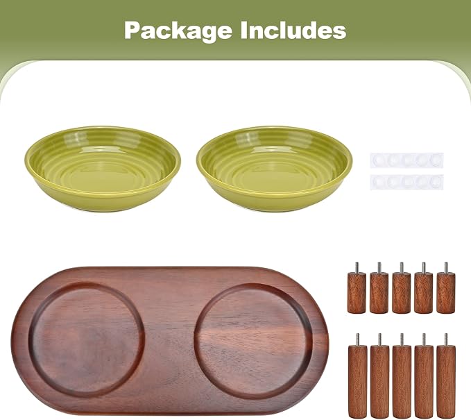 SPUNKYJUNKY Shallow Elevated Cat Bowl with Acacia Wood Stand Wide Raised Ceramic Cat Dishes Whisker Friendly Pet Food and Water Plates (Striped Pattern, Green) - Image 7