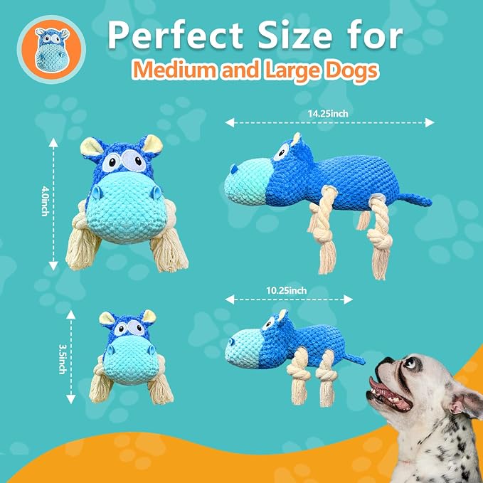 TOOPTATE Hippo Squeaky Dog Toy, Blue, Large | Cute Plush Design, Rope Legs for Tugging, Helps Keep Dogs Busy, Suitable for Small, Medium, and Large Dogs - Image 5