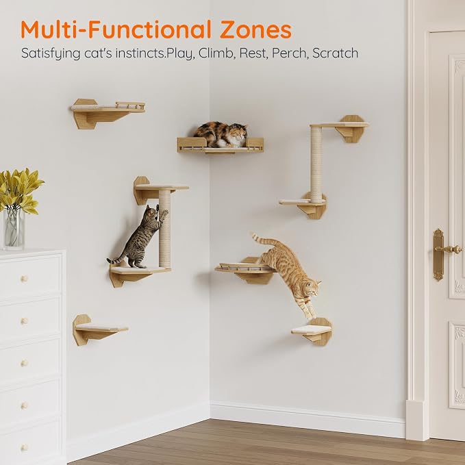 HOOBRO 11 Pcs Cat Wall Shelves for Large Cats up to 25 lb, Wooden Wall-Mounted Cat Shelves Set, Corner Cat Shelf with 2 Arched Platforms, Climbing System with Perche, Scratching Post, Natural NL49CS03 - Image 4