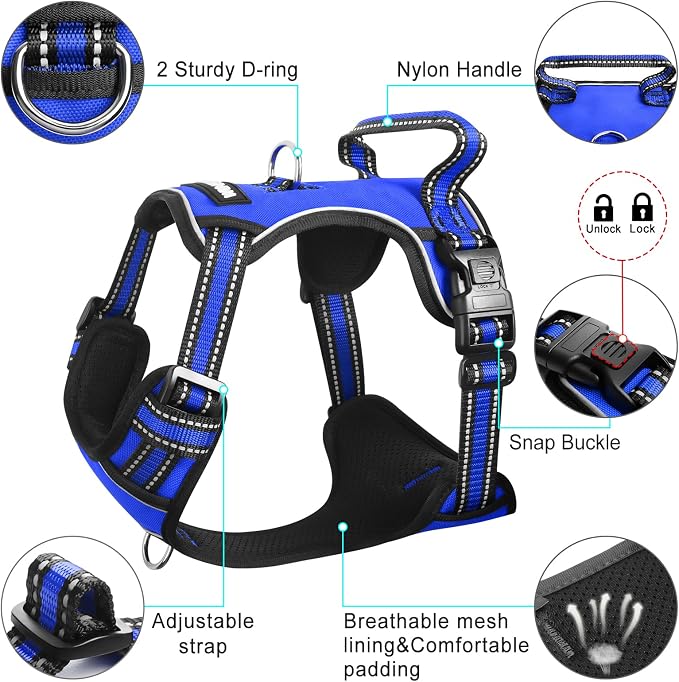 Dog Harness No Pull, Pet Harnesses with Dog Collar, Adjustable Reflective Oxford Outdoor Vest, Front/Back Leash Clips for Small, Medium, Large, Extra Large Dogs, Easy Control Handle for Walking - Image 5