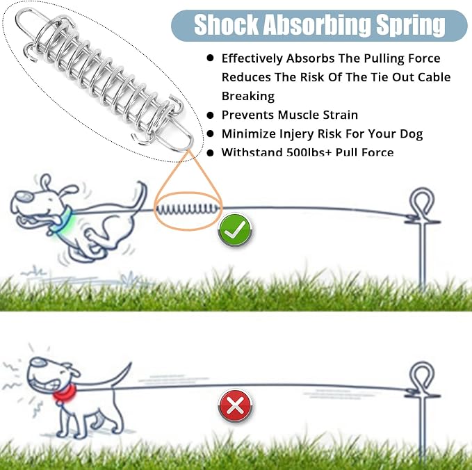 jenico Dog Tie Out Cable - 10 ft Heavy Duty Dog Lead for Yard | Outdoor Runner Cable with Swivel Hook and Shock Spring for Small Medium Large Dogs Up to 500 lbs Dog Tether for Yard Camping - Image 2