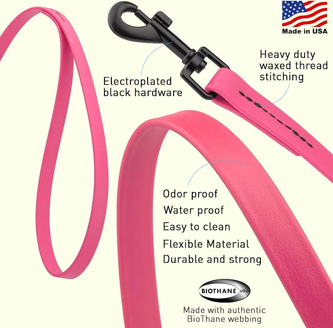 Dogline Biothane Waterproof Dog Leash 2/4/6 Ft Strong Coated Nylon Webbing with Black Hardware Odor-Proof Easy to Clean High Performance for Small or Large Dogs Made in USA, Passionfruit Pink - Image 2