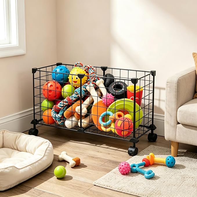 Indestructible X Large Dog Toy Basket with Wheels, Metal Dog Toys Holder for Cats, Heavy-Duty Storage Bin for Chew Toys & Blankets Pet Food Storage Box Organization, Chew-Proof Toy Organizer for Puppy - Image 8