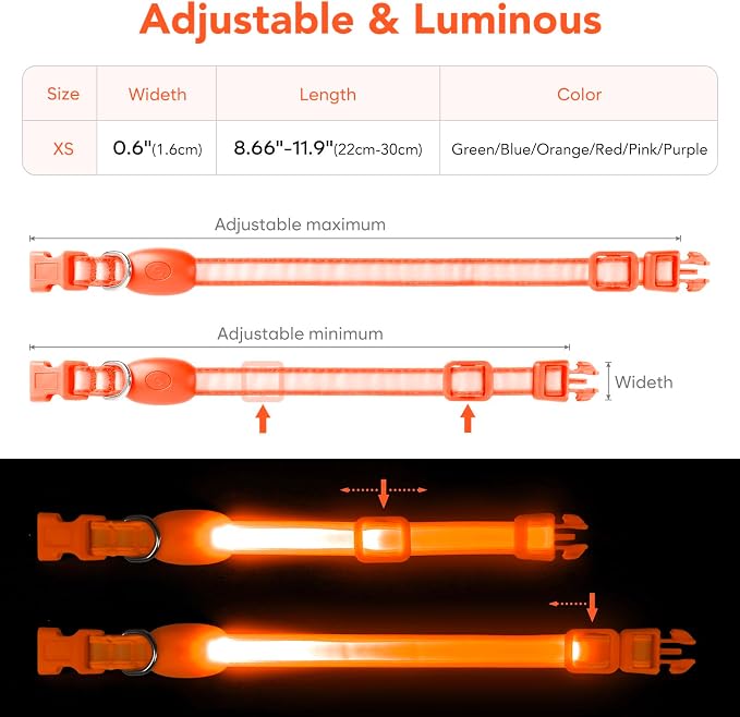 Light up Collar for Small Dog,Vizpet XS Adjustable Size Nylon Led Collar | USB Rechargeable Bright Safety Pet Collar for Cats Small Dogs (Orange, X-Small[ 8.66-11.9 inch/22cm-30cm]) - Image 5