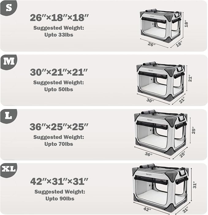 Collapsible Soft Dog Crate 26 Inch, Portable Travel Pet Crate for Small Dogs and Cats with 4-Door Mesh, Puppy Dog Kennel Indoor & Outdoor, Light Grey - Image 2