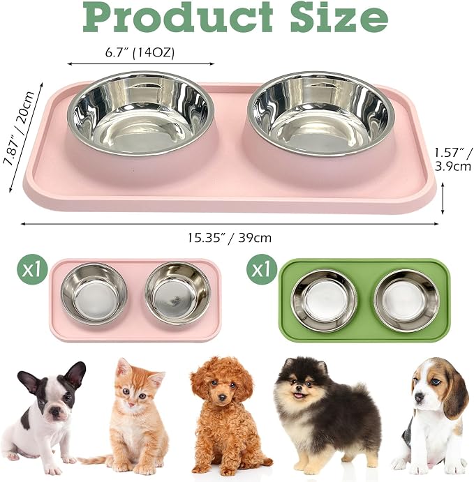 BNOSDM 2 Pcs Double Dog Food Bowls Stainless Steel Small Dog Food and Water Bowls with Non-Spill Plastic Mat Pet Cat Feeder Dish Set for Puppy Cats Kitten (Pink and Drak Green) - Image 2