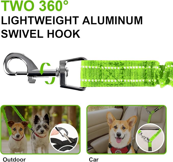 MingXpet 2 Dog Leash, Dog Leash for 2 Dogs, 360° Swivel No Tangle Double Walking Training Leashes for Large Dogs that Pull, Comfortable Shock Absorbing Reflective Bungee, Green - Image 3