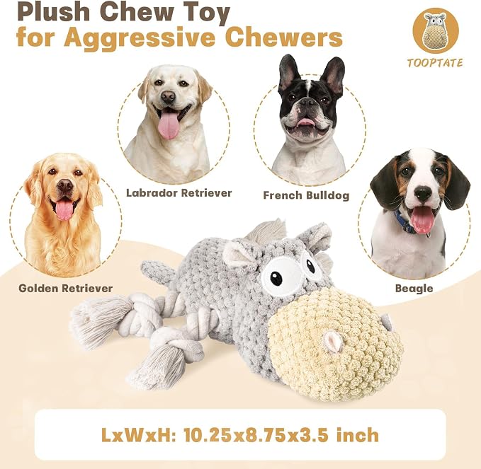 TOOPTATE Hippo Squeaky Dog Toy, Gray, Medium | Cute Plush Design, Rope Legs for Tugging, Helps Keep Dogs Busy, Suitable for Small, Medium, and Large Dogs - Image 3
