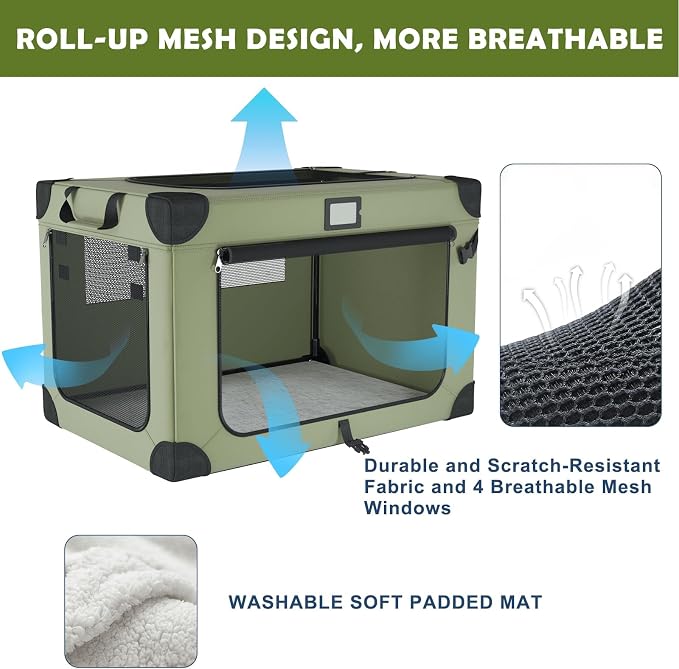 36 Inch Soft Collapsible Dog Crate Green with Waterproof and Easy to Clean | Chew-Proof Mesh Window,Sturdy Frame,Soft Blanket and Foldable Bowl,Waterproof,Portable for Camping,Signature Card,Storage Bag - Image 2