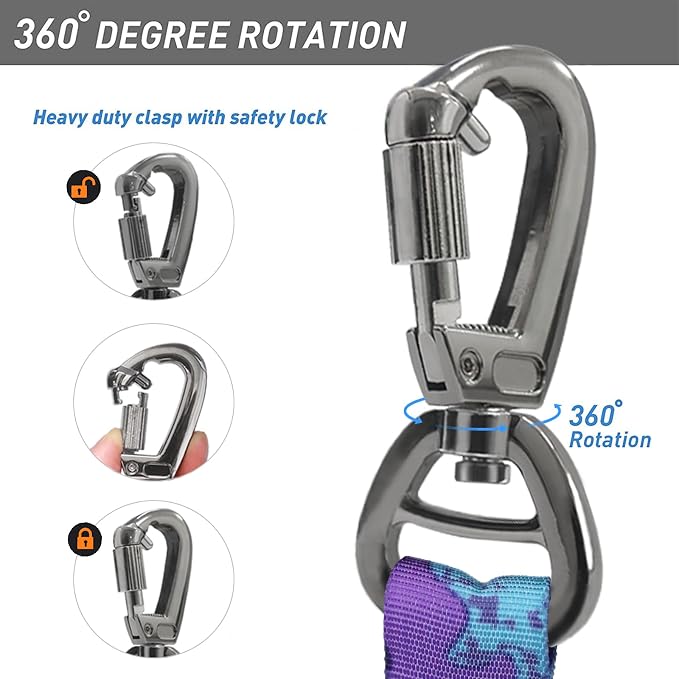 Hotsky Tactical Bungee Shock Absorbing No Pull Dog Leash,Purple Camo,4-6FT | Heavy Duty for Medium Large Dogs That Pull up to 660 lb,with Padded Double Handle ＆ Car Seatbelt,360°Rotating Locking Clasp - Image 8