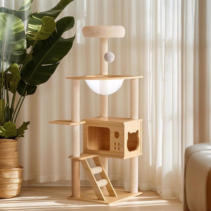 Modern Cat Tower, Wood Cat Tree Tower for Indoor Cats, Cat Tree with Sisal-Covered Scratching Posts and Soft Top Perch, 48.8'' Cat Condo with Acrylic Hammock for Small Large Cats - Image 6