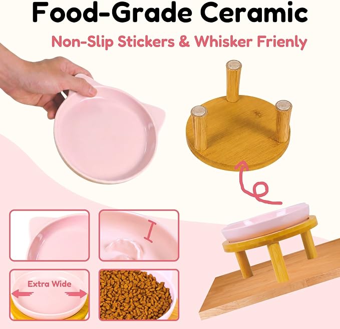 Elevated Ceramic Cat Bowls with Bamboo Stand for Cat Bowl, Whisker Friendly Shallow Cat Plate, Stable Raised Cat Food Riser for Indoor Cats (Pink+Yellow, Plates with Stands(Set of 2)) - Image 4