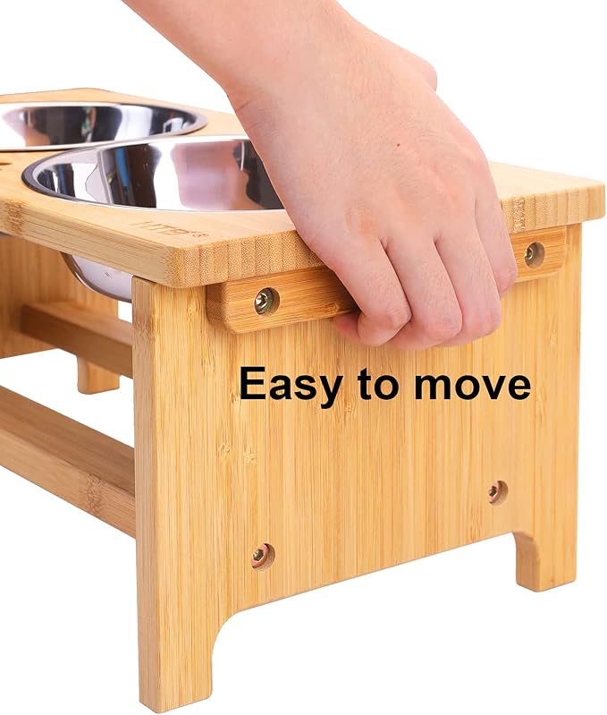 HTB Elevated Dog Bowl Stand with 2 Stainless Steel Bowls-7" H Medium Bamboo | Raised Dog Bowl Stand, 7"tall, 29 Oz Bowls, for Medium Sized Dogs, Pet-safe, Solid Bamboo - Image 3