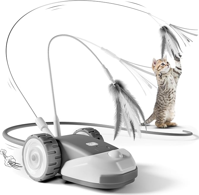 CYROS 3-in-1 Interactive Cat Toy - 2-Speed Automatic Moving Mouse Cat Toys Self Play with 2pcs Hanging Feather String Ribbon and Wiggly Silicone Mice Tail for Bored Indoor Adult Cats Kittens by CYROS