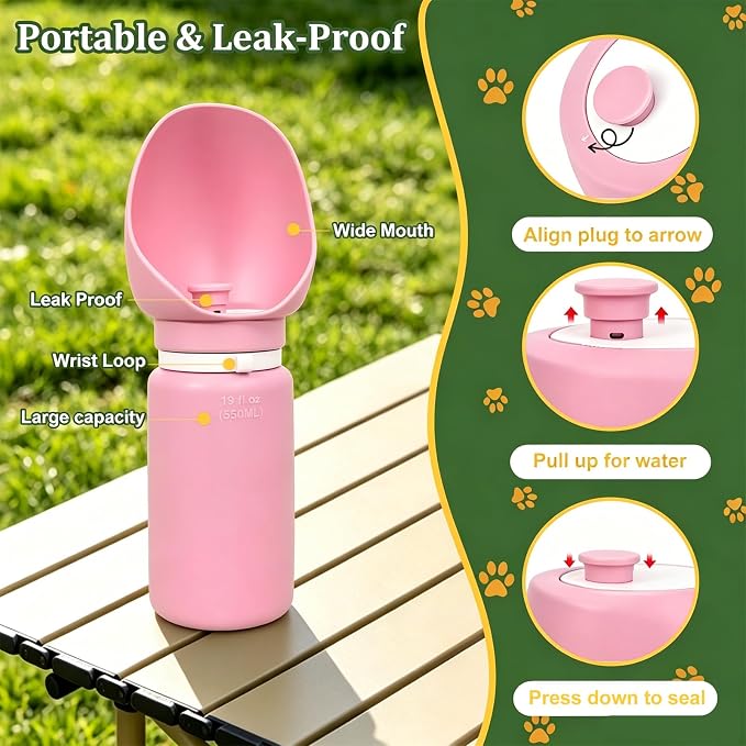 2 in 1 Foldable Dog Water Bottle, Leakproof Portable Pet Dispenser, Pink | Portable Water Dispenser for Cat, Rabbit, Puppy and Small Animals, for Pets Outdoor Walking, Hiking, Travel, BPA Free - Image 4