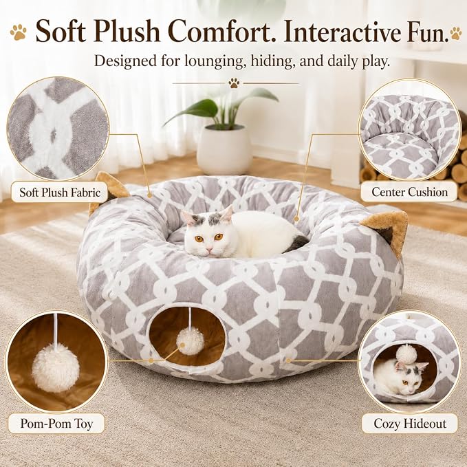 Large Cat Tunnel Bed Under Christmas Tree with Fluffy Toy Balls, Small Cushion and Flexible Design- 10 inch Diameter, 3 ft Length- Great for Cats, and Small Dogs, Gray Geometric Figure - Image 4