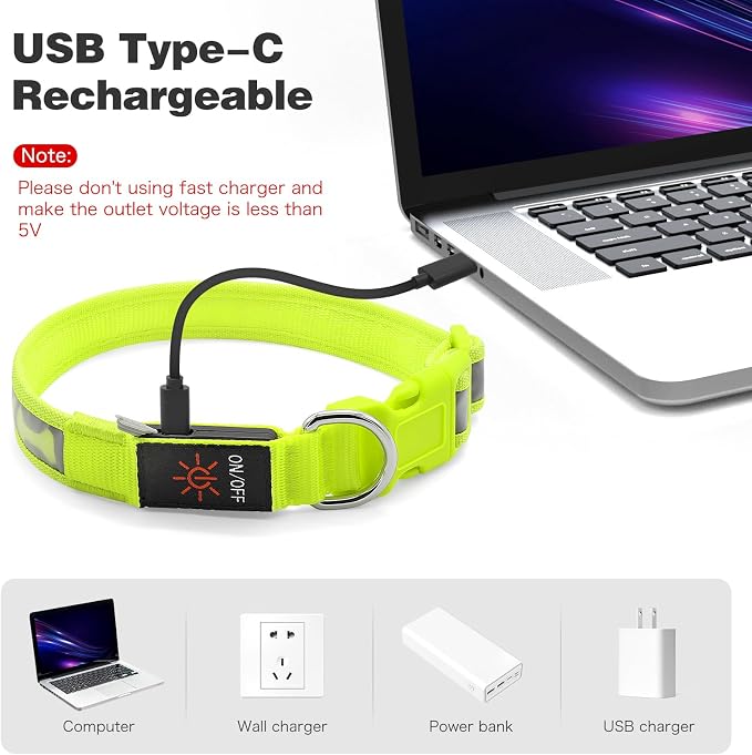 Flashseen LED Dog Collar Light Up USB-C Rechargeable (Green, Large) | Glow in the Dark Collar for Night Walking, Adjustable Waterproof Visibility Glowing Collars for Dogs - Image 4