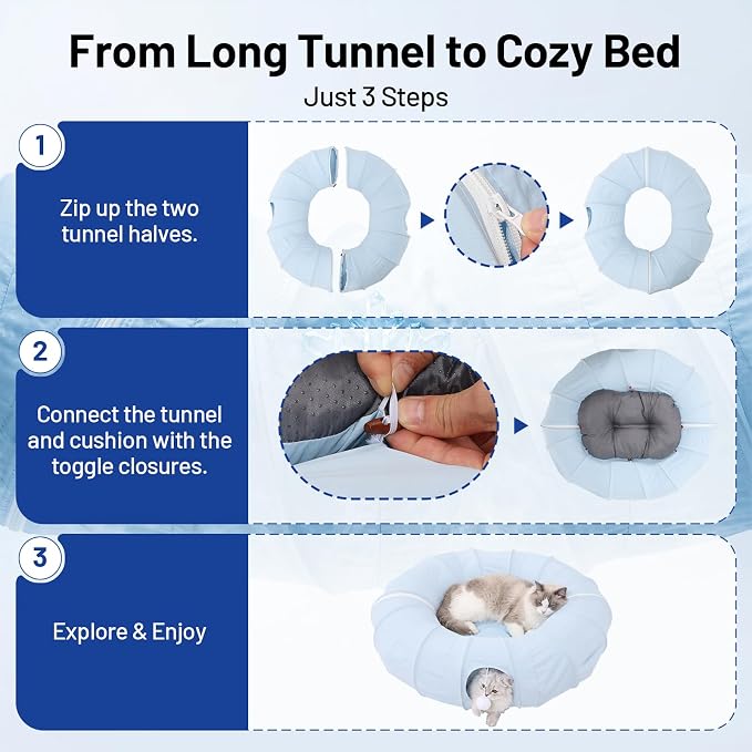 Ice Silk Cooling Cat Tunnel, 39.4in Multi-Cat Family Cat Tube, Blue | Breathable Thin Cat Play Tunnel, Lockfill Cotton Pad Included, Waterproof & Anti-Static, Ideal Summer Cat Toy - Image 7