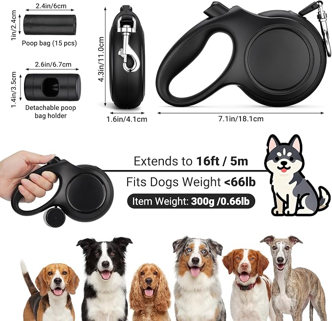 Segarty 16 Ft Retractable Dog Leash with Detachable Poop Bag Holder, 5m Walking Leash for Pets up to 66 Lbs, 360°Tangle-Free Black Dog Lead with Anti-Slip Handle & One-Handed Brake Pause Lock for Dogs - Image 2