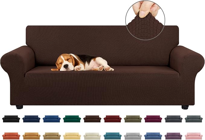 KEKUOU Stretch Couch Covers for Sofa, 3 Cushion Couch Slipcover,Chocolate | 1-Piece Washable Sofa Cover Pet Friendly(78"-94") Furniture Protector Soft Jacquard, Elastic Bottom for Dogs & Kids by KEKUOU