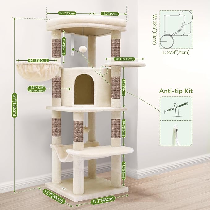 Globlazer Corner Stable Cat Tree Tower with Scratching Post, C51, Beige | 51in Space-Saving Multi-Level Cat Condo for Indoor Cats with Hammock, Large Top Perch for Large Cats, Cozy Cat Cave - Image 7
