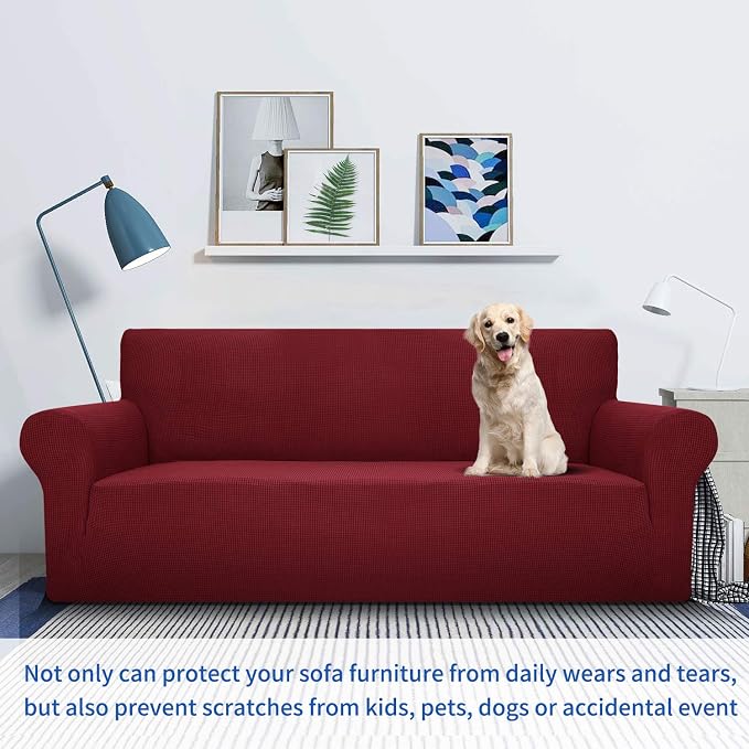 MAXIJIN Super Stretch Couch Cover for 3 Cushion Couch, 1-Piece Universal Sofa Covers Living Room Jacquard Spandex Furniture Protector Dogs Pet Friendly Fitted (Extra Large, Wine Red) - Image 5