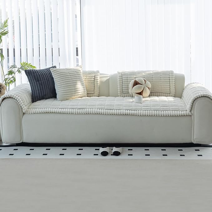 Sofa Couch Cover, Sofa Covers for Dogs Washable, Non-Slip Striped Sofa Slipcovers for Sectional Sofa, Sofa Cover Furniture Protector for L Shaped(Beige White, 27.6"x 27.6") - Image 7