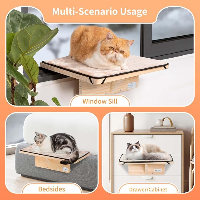 Petsfit Cat Window Perch Natural Solid Wood with Removable Fleece Mat, Safety Sturdy Cat Perch, Fit for Windows/Door/Drawer - Image 2