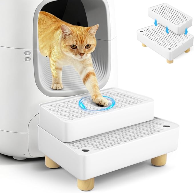 Extra Large 2 Steps Cat Litter Box Step Ramp, Cat Litter Catcher Mat with Wooden Feet, Filter Function, Cat's Pedal Stool for Self-Cleaning Litter, Suitable Kitten & Elderly Cats (White) by Bartuke