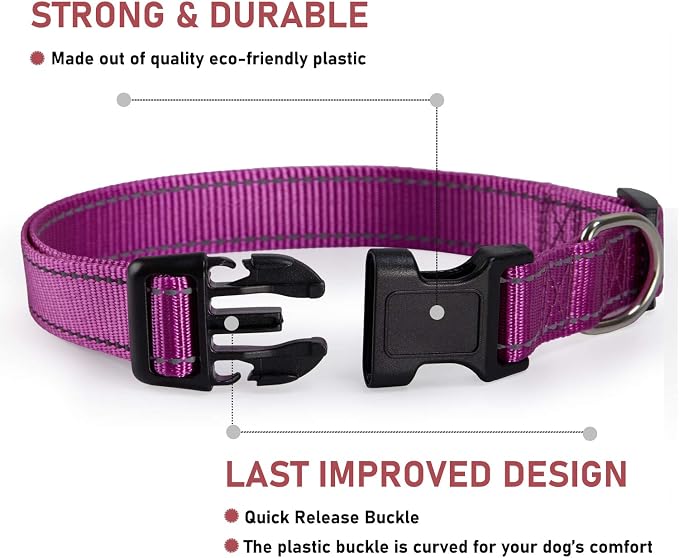 Reflective Dog Collar, Puppy Collar with Buckle Adjustable, Purple XXS | Breathable Nylon Collars for Small Medium Large Dogs, No Chafing on Walks and Outdoor Hikes, Metal D-Ring, Night Safety - Image 2