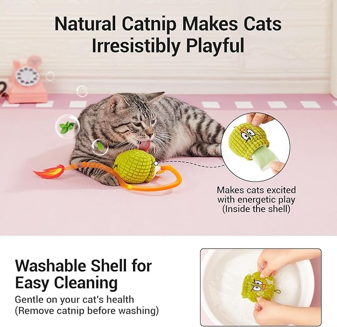 Potaroma Interactive Cat Toy with Motion Sensor, Chirping Sound & Catnip | Mesh Tail, Rechargeable Smart Rolling Ball for Bored Indoor Kittens & Adult Cats 3 Inches - Image 4