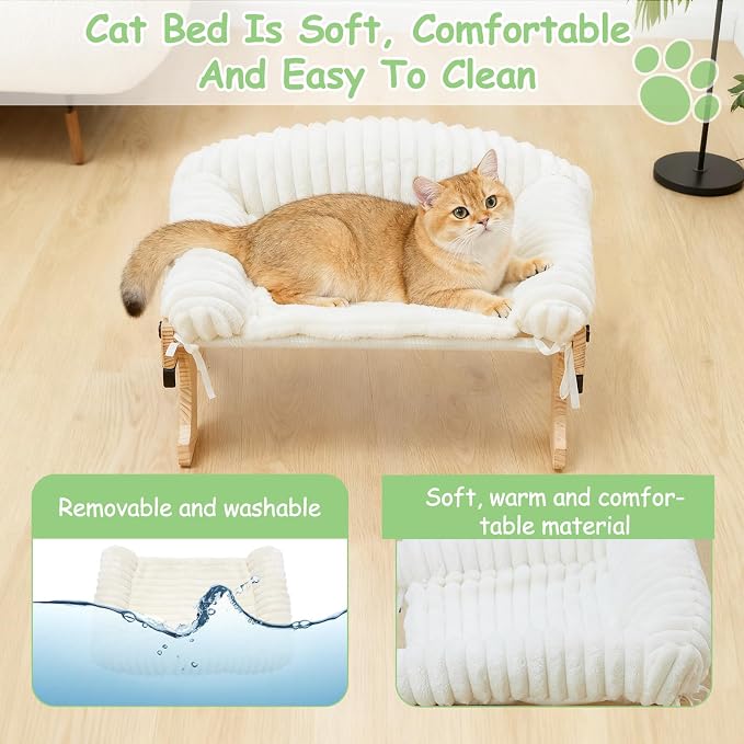Large Wooden Velvet Cat Window Perch Bed, White | Sturdy Wooden Frame, Removable Machine Washable Cover, Window Sill Hanging, All Seasons Comfort - Image 7