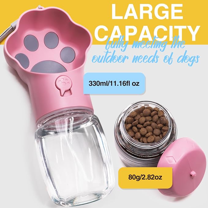 Dog Water Bottle with Food Container, Portable Pet Dispenser, Leak Proof, Hiking, Puppy Travel, Outdoor Activities(11.16 fl.oz/330ml, Pink) - Image 6