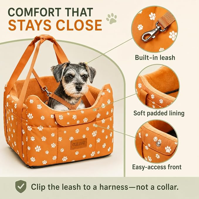 Center Console Dog Car Seat for Medium Dogs, Orange | Portable Armrest Booster With Soft Cushion Safety Belt, Up To 21 Lbs - Image 6