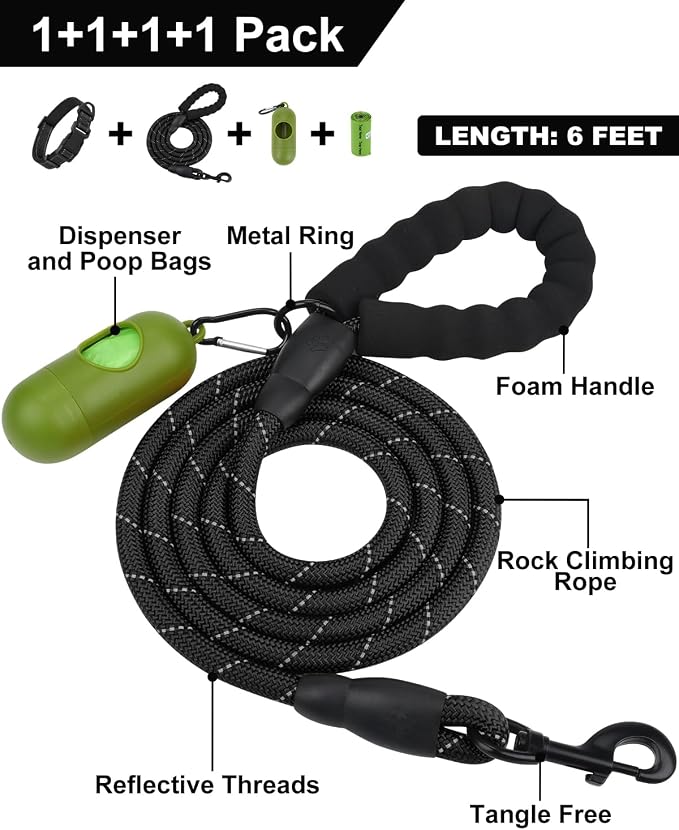 Dynmeow Reflective Dog Collar and Leash Set for Medium Dogs, Black | Soft Neoprene Padded, 6FT Climbing Rope, Ideal for Daily Outdoor Walking or Indoor Wearing, Night Visible for Safety - Image 3