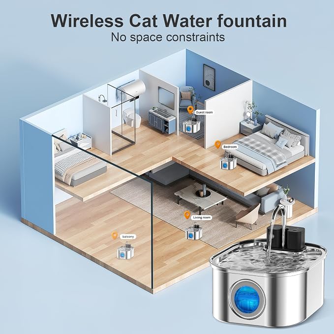 Wireless Cat Water Fountain with 6 Filters + 6 Sponges,[Rechargeable & Faucet ] Stainless Steel Battery Operated, 108oz/ 3.2l Automatic Cordless Pet Fountain -Dog Fountain with 4200 Mah Battery - Image 5