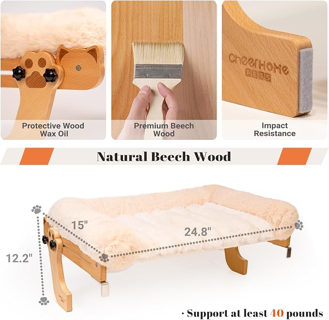 Cat Window Perch with Washable Bolster, Fluffy Cats Hammock Bed for Window, Adjust Wooden Seat for Kitten Bedside Windowsill, Wooden Cats Furniture(Thickened White) - Image 3